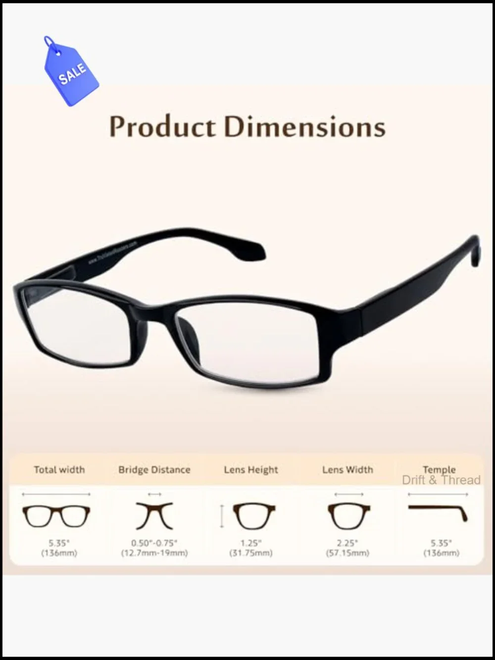 Reading Glasses Spring Hinge Rectangular Full Rim Acrylic Lens Anti-Reflective
